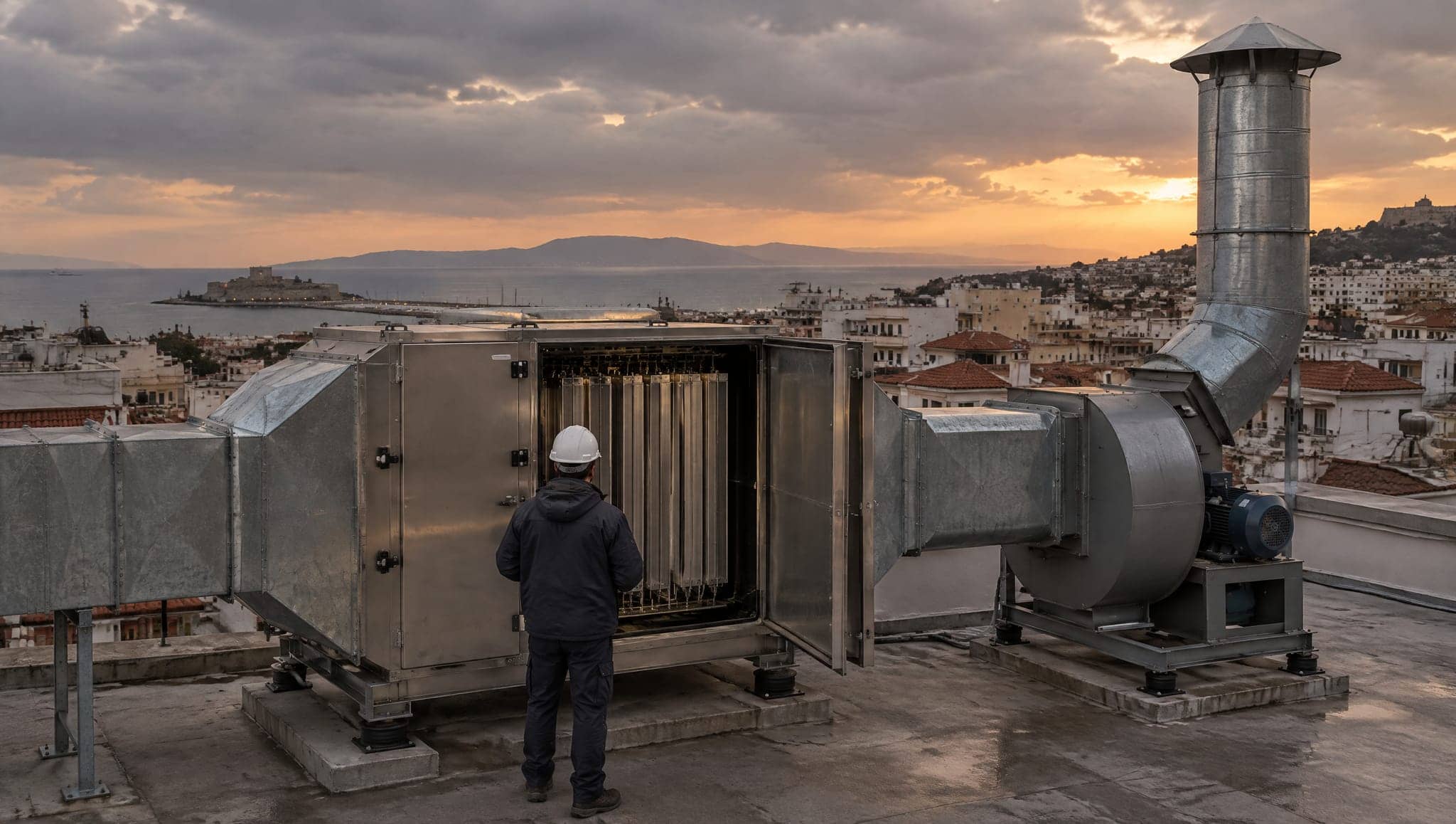 Restoran çatısında egzoz kanalına bağlı elektrostatik filtre ünitesi ve fan